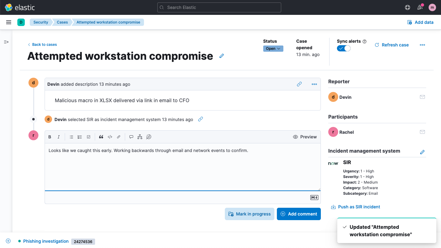 Case view showing security analyst workflows for team security orchestration and automated response.